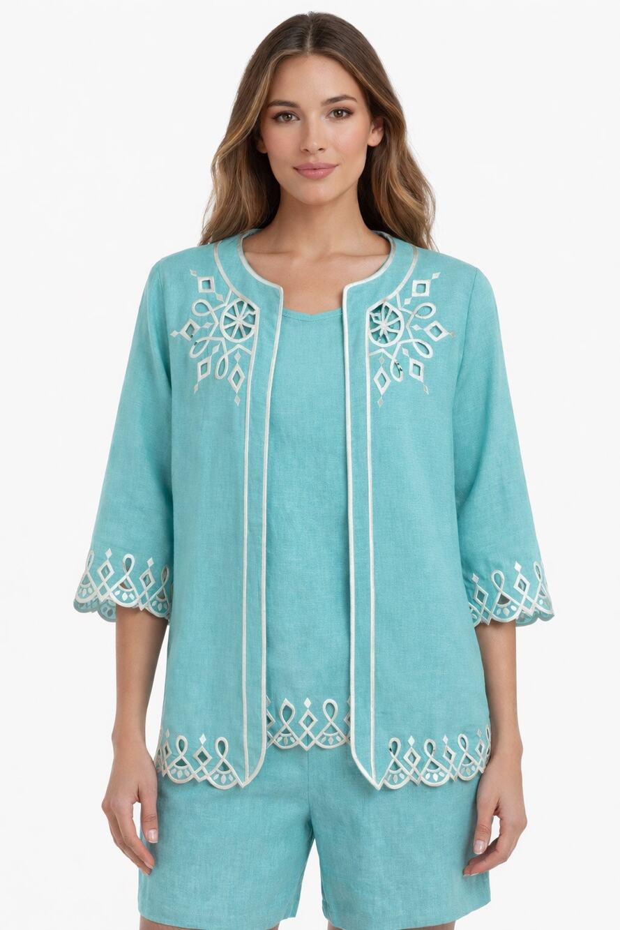 Bob Mackie Wearable Art 2000s Turquoise Linen Embroidered Twin Set XS